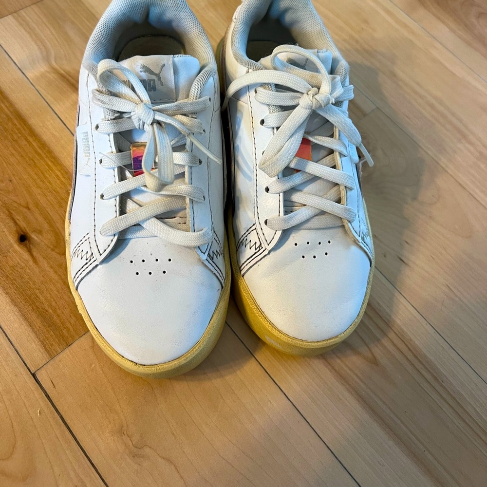 Puma Kids White Sneakers with Yellow Soles